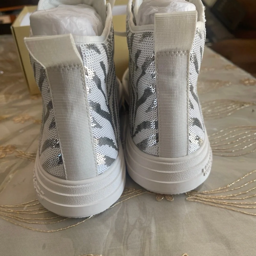 Michael Kors Silver and White High-Top zebra sequin Sneakers size 10